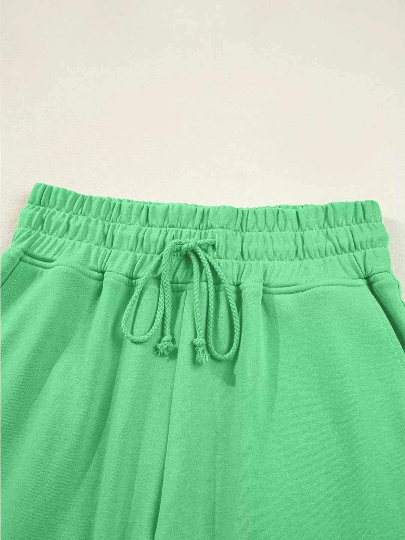 Drop Shoulder Puff Sleeve Crop Top and Drawstring Wide Leg Pants Set