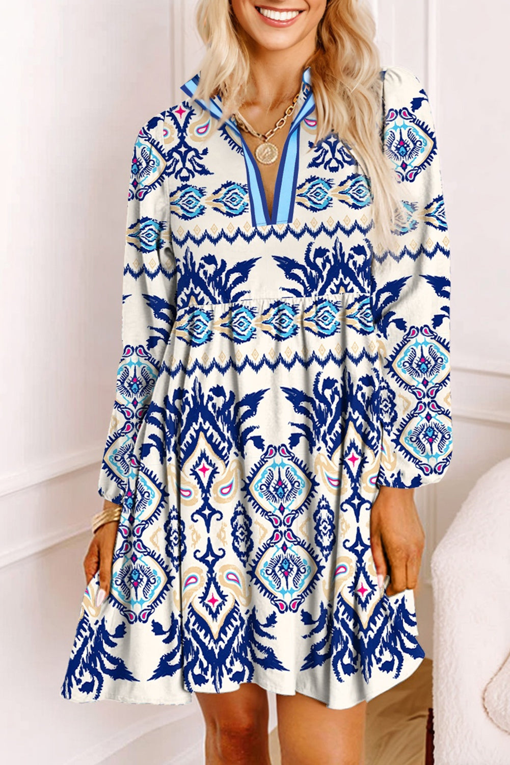 Blue Ethnic Print Striped Split Neck Long Sleeve Flowy Mini Dress Dear-Lover Dropshipping