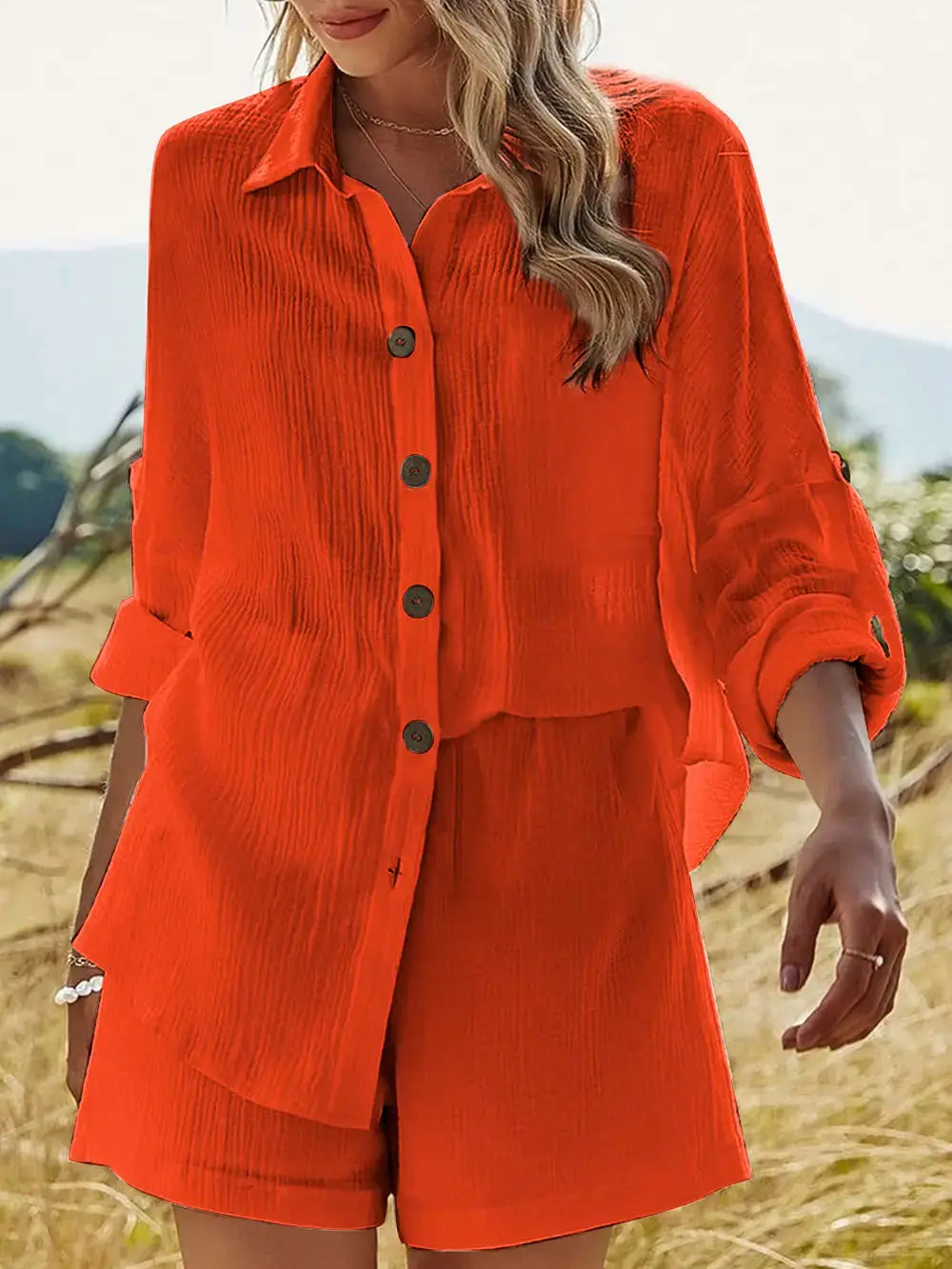 Texture Button Up Shirt and Shorts Set - CHIC TB