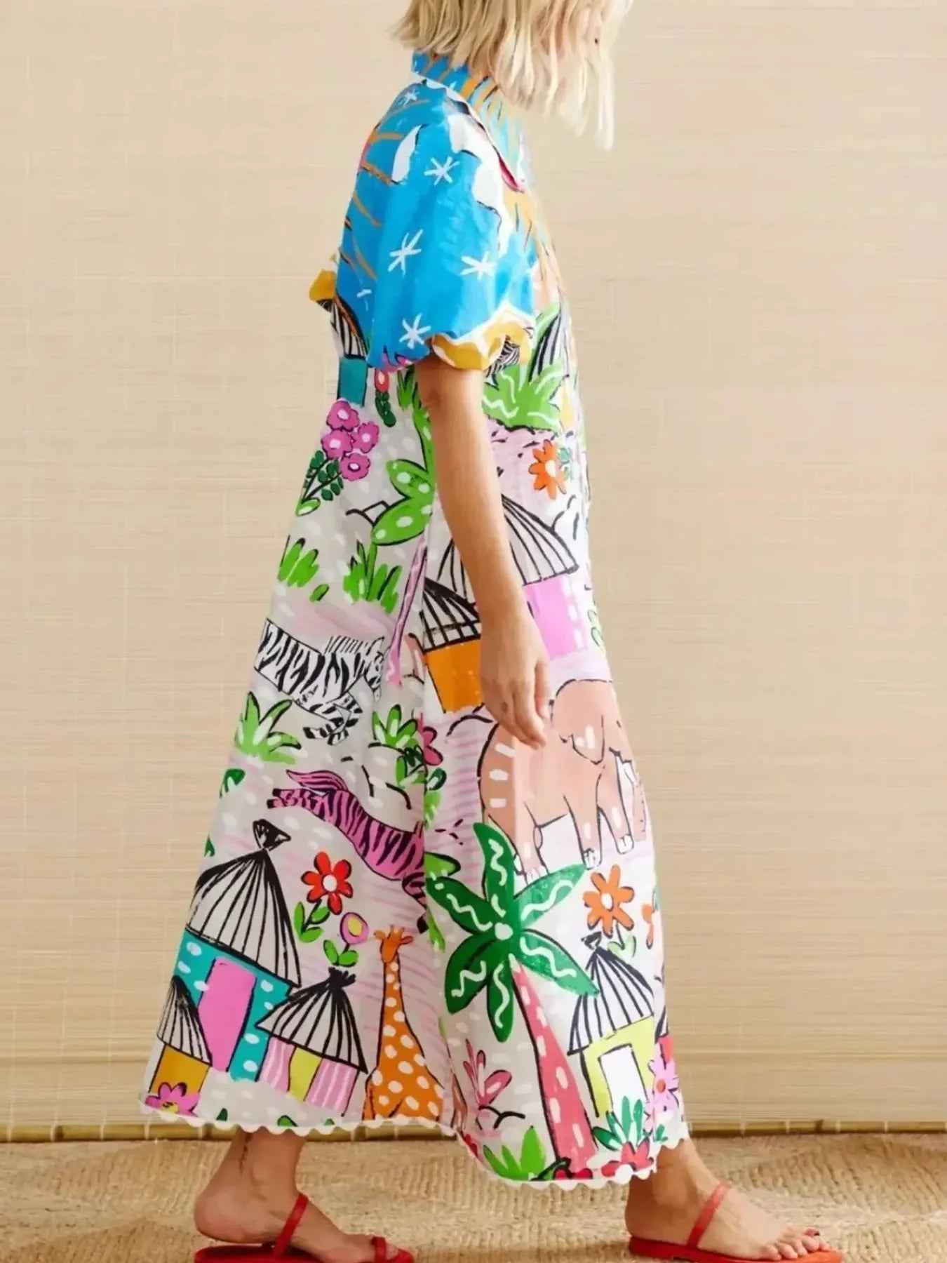 Button Down Tropical Short Sleeve Shirt Dress