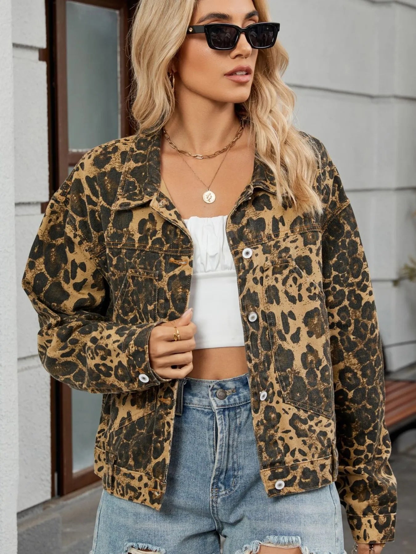 Leopard Print Button Up Denim Jacket.