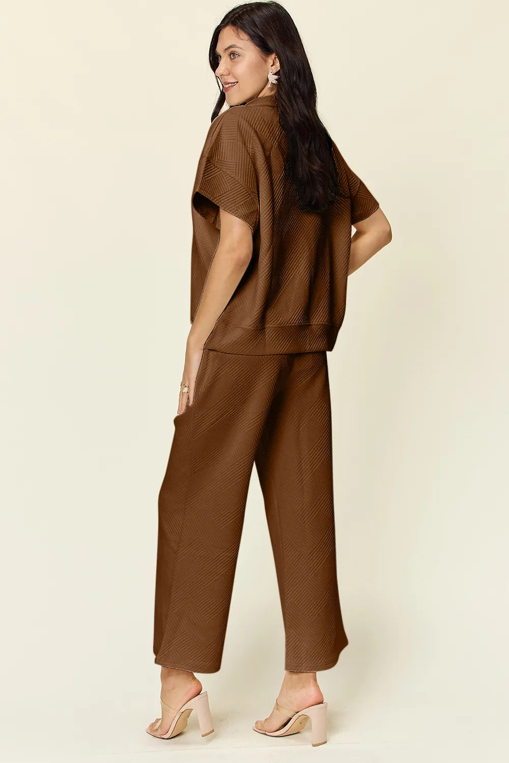 Double Take Full Size Texture Half Zip Short Sleeve Top and Pants Set - CHIC TB