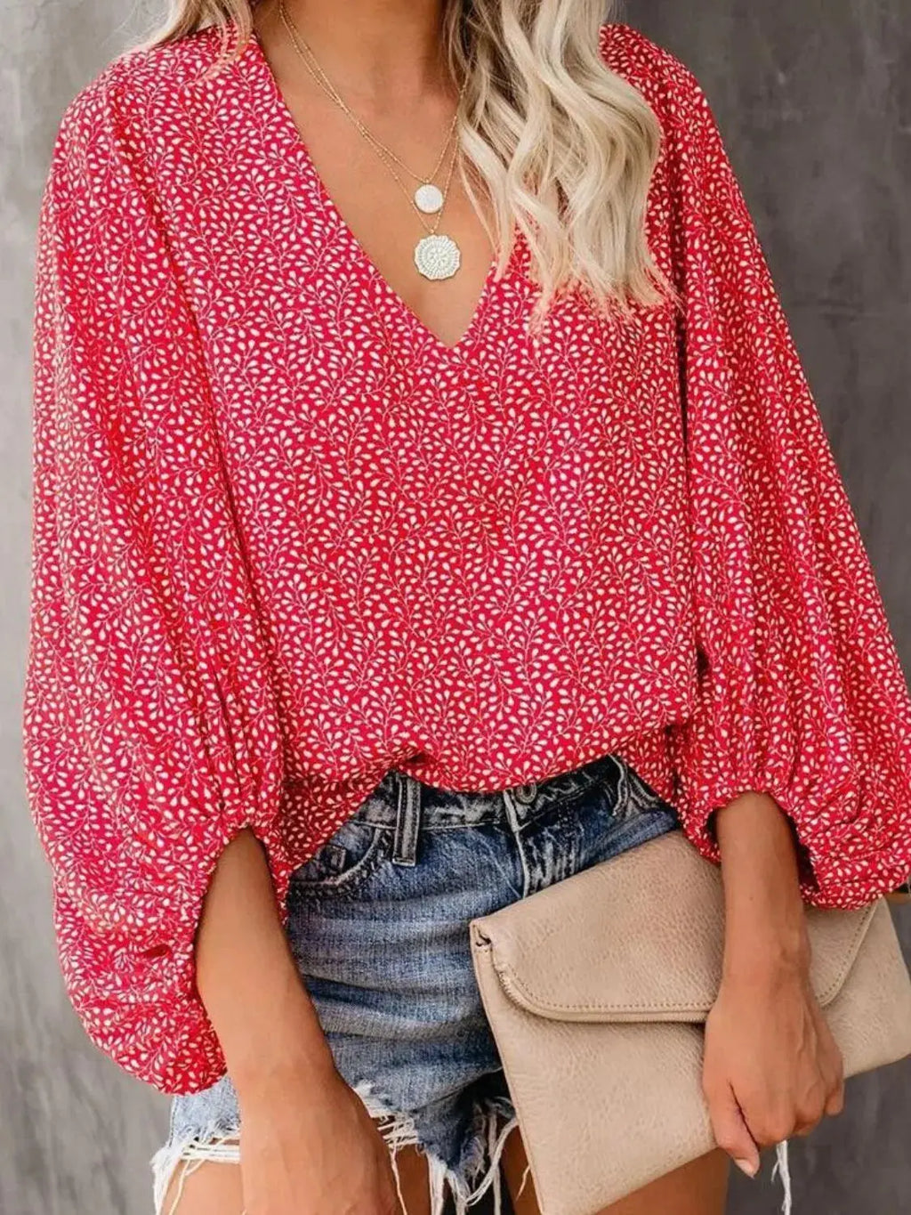 Printed V-Neck Long Sleeve Blouse.