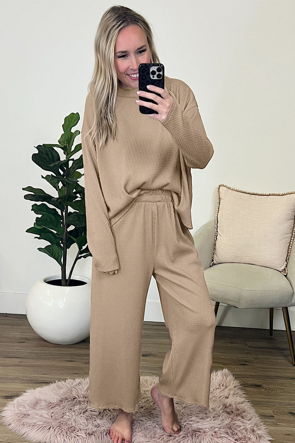 Smoke Gray Loose Textured Pullover and Pants Outfit Dear-Lover Dropshipping