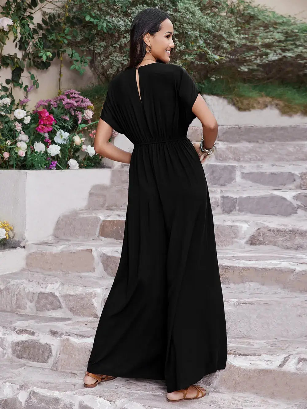 Embroidered Ruched Short Sleeve Jumpsuit.