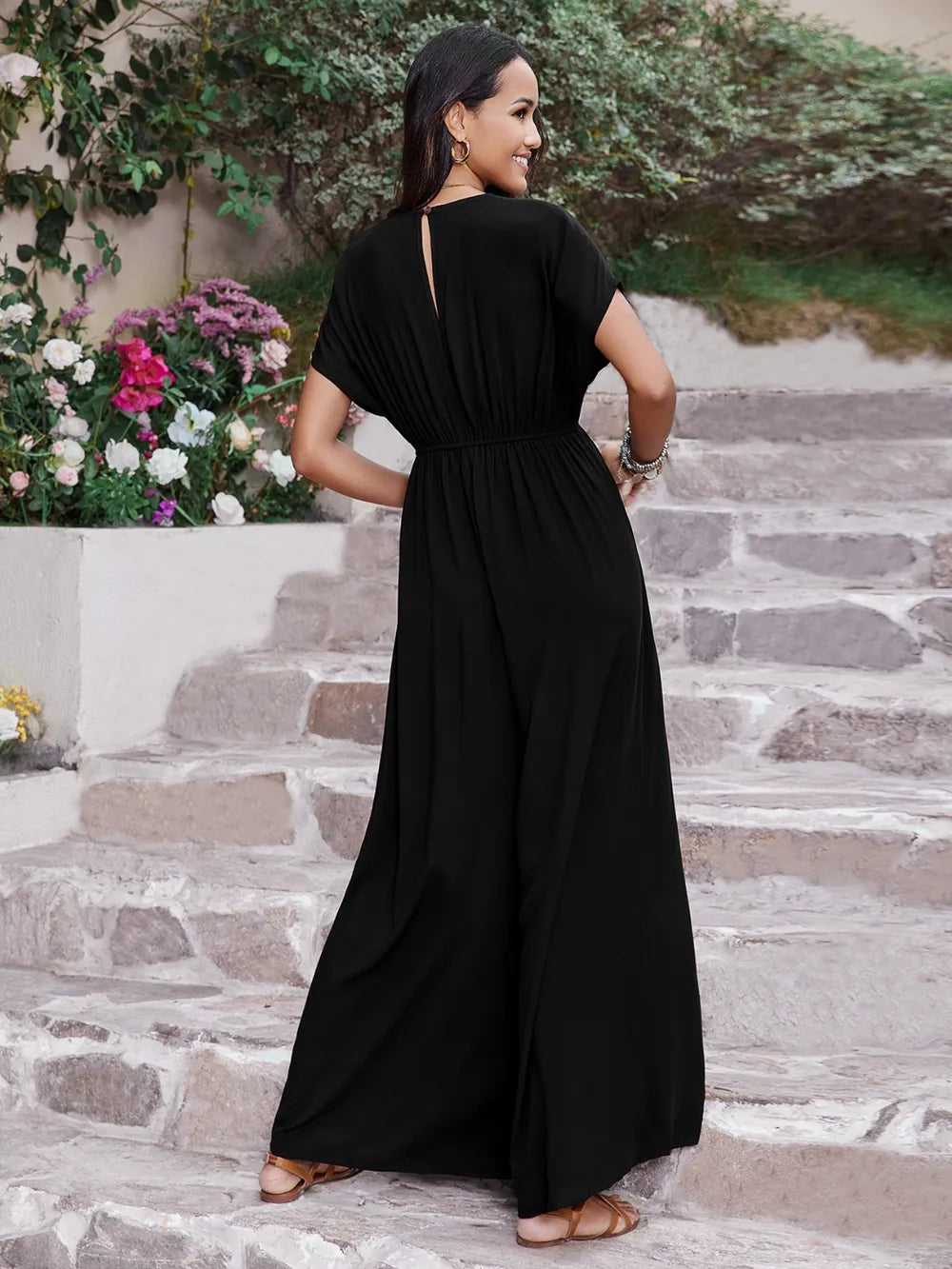 Embroidered Ruched Short Sleeve Jumpsuit - CHIC TB