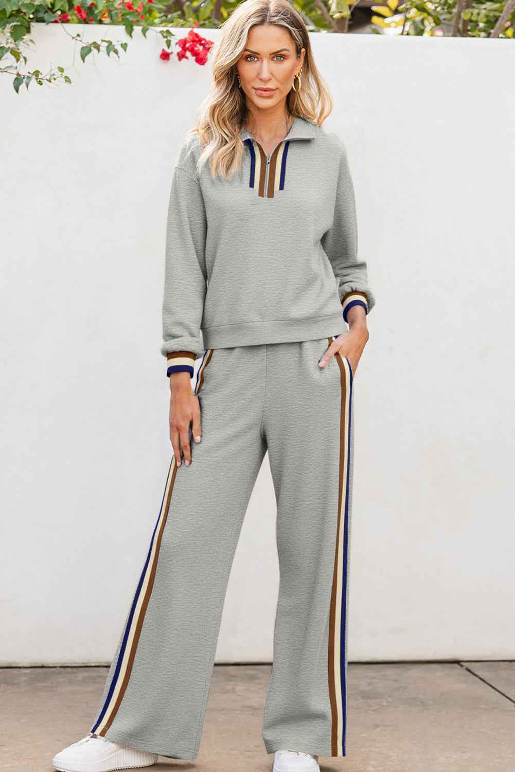 Gray Striped Patchwork Quarter Zip Pullover Loose Pant Set