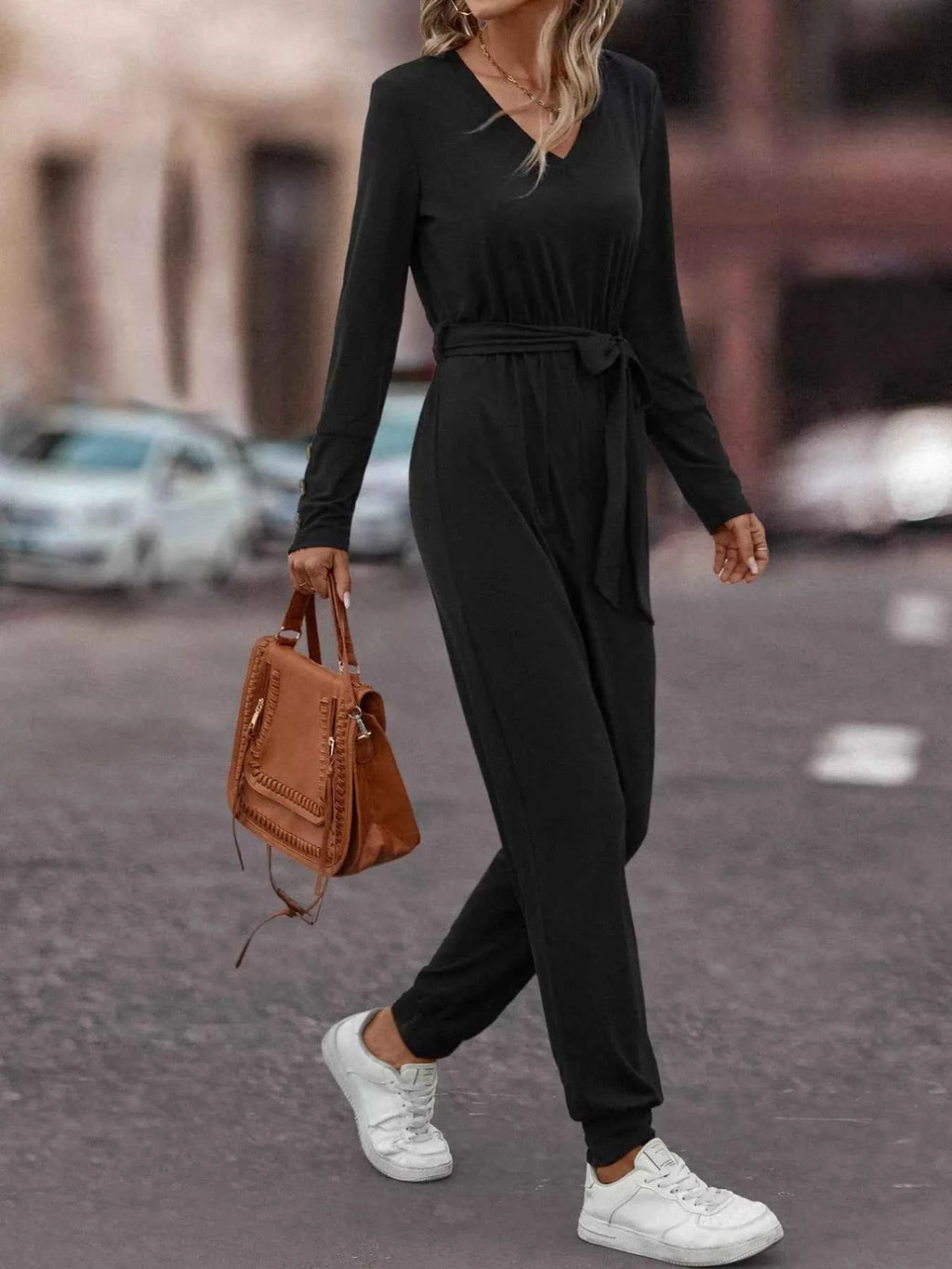 V-Neck Long Sleeve Tie Waist Jumpsuit