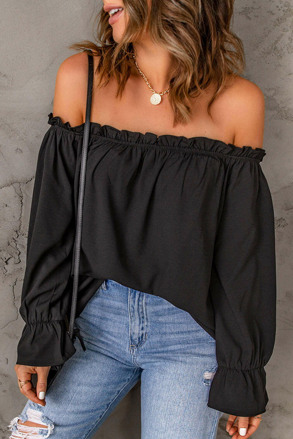 Off-Shoulder Flounce Sleeve Blouse.