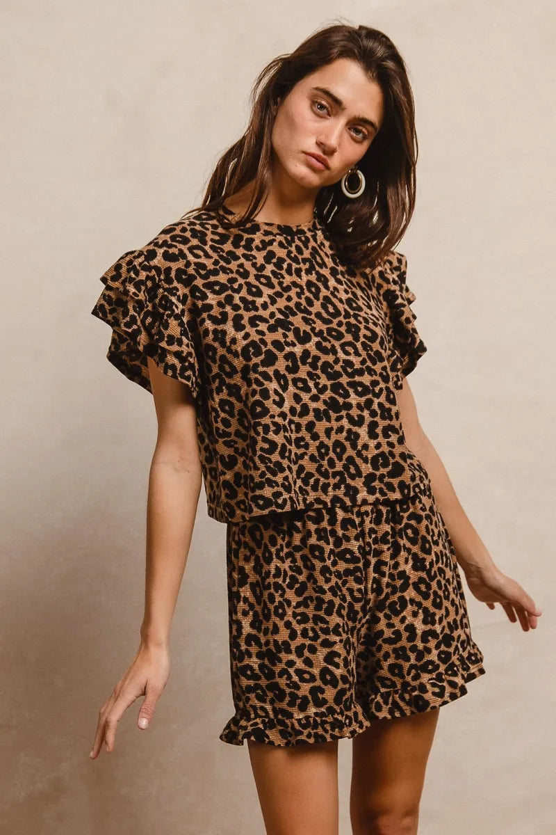 BiBi Leopard Print Waffle Texture Layered Ruffle Sleeve Top and Shorts Set.