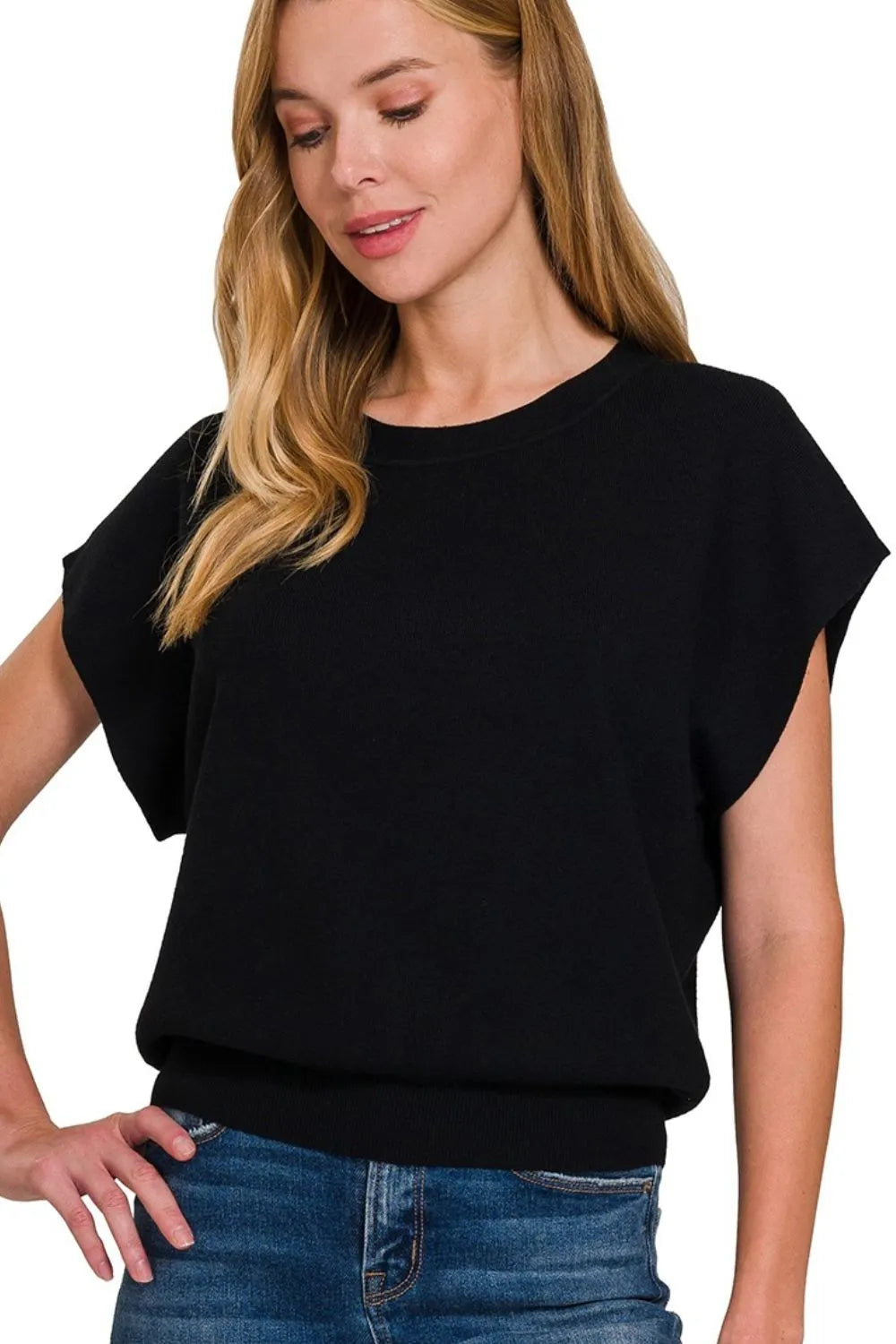 Round Neck Short Dolman Sleeve women Sweater.