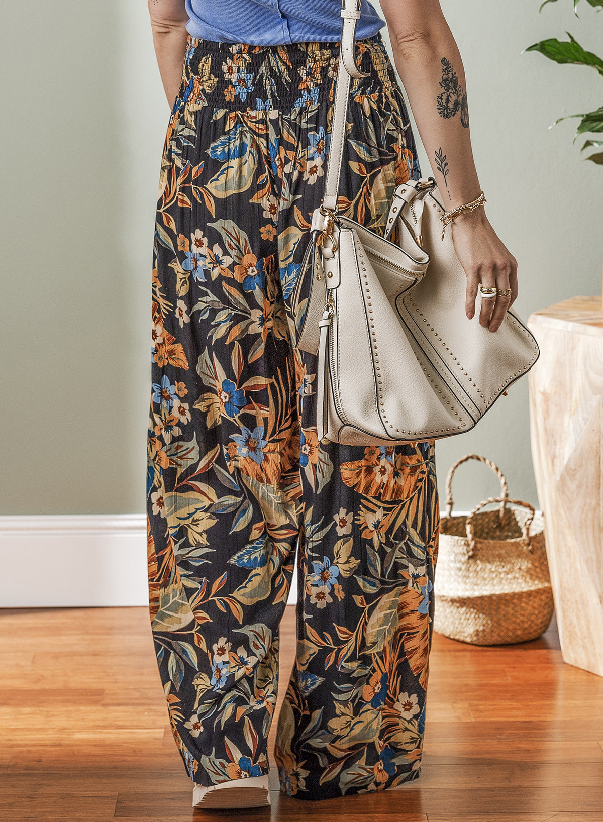 Multicolour Floral Shirred High Waist Wide Leg Pants with Tie Dear-Lover Dropshipping