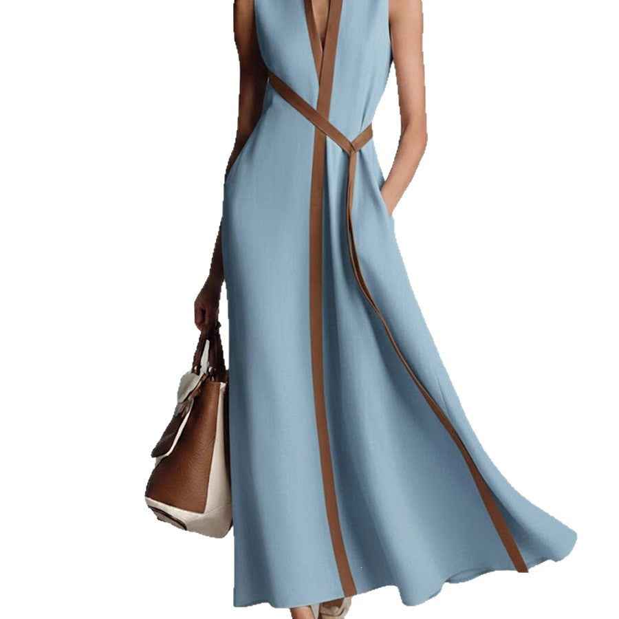 Color Block Sleeveless Stand Collar Linen Blend Dress