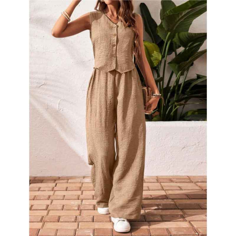 Linen Leisure Commute Front Button Vest And Trousers