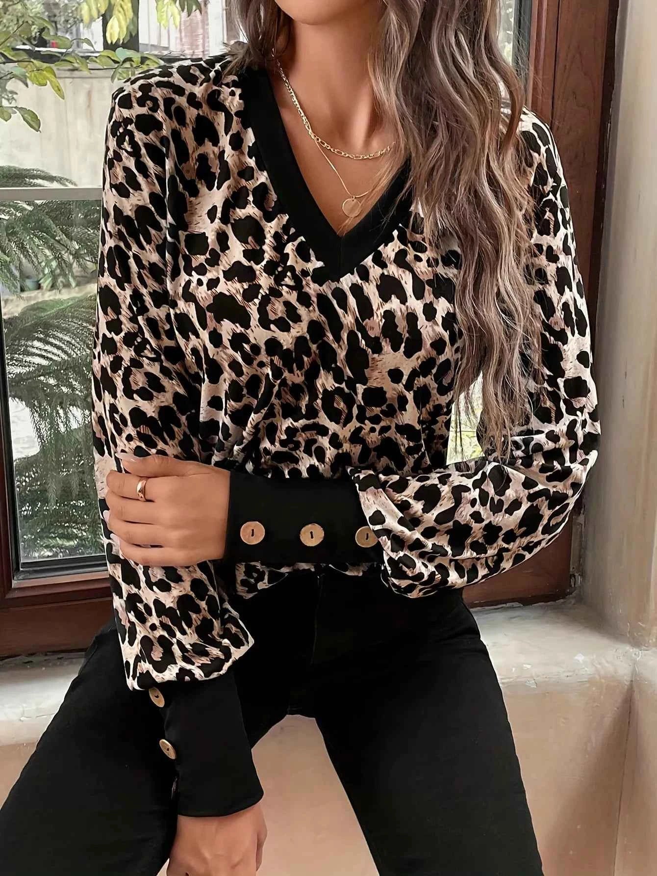Leopard Print V-Neck Long Sleeve T-Shirt