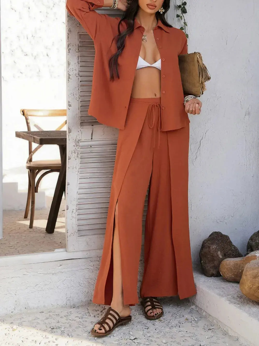 Long Sleeve Top and Wide Leg Pants Set WOMEN.