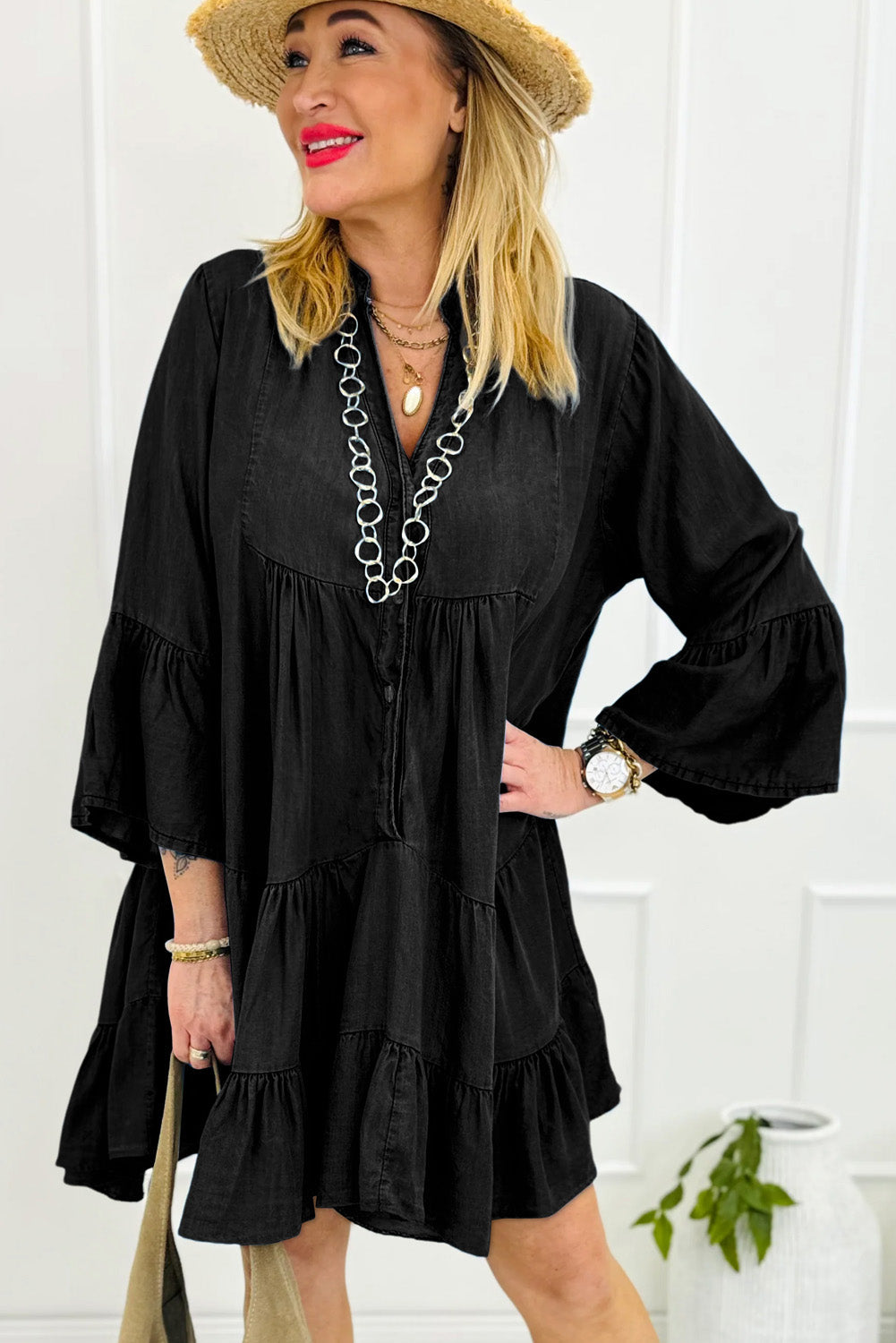 Black Chambray Ruffled 3/4 Sleeve Tiered Split V Neck Mini Dress Dear-Lover Dropshipping