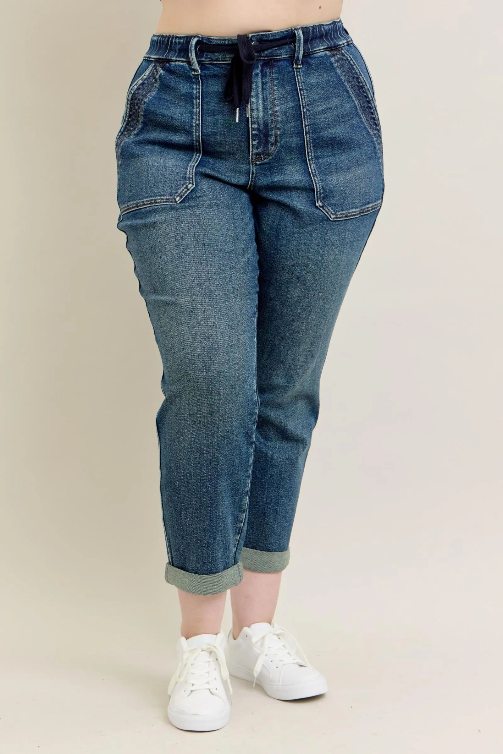 HIGH WAISTED Vintage Wash Jeans w/ Drawstring Plus Size.