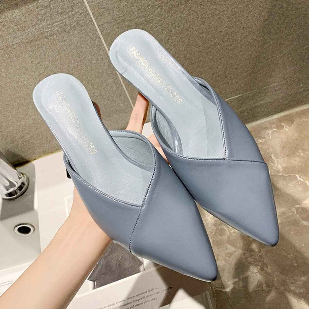 Hello Shero Comfortable Low Heel Mules Closed Pointed Toe Slip on Pumps Soft Synthetic Leather Dress Shoes Casual Daily Wear