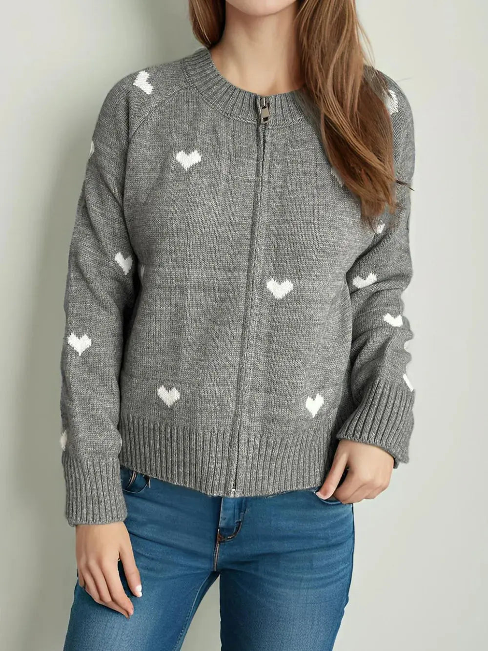 Heart Round Neck Zip Up Cardigan.