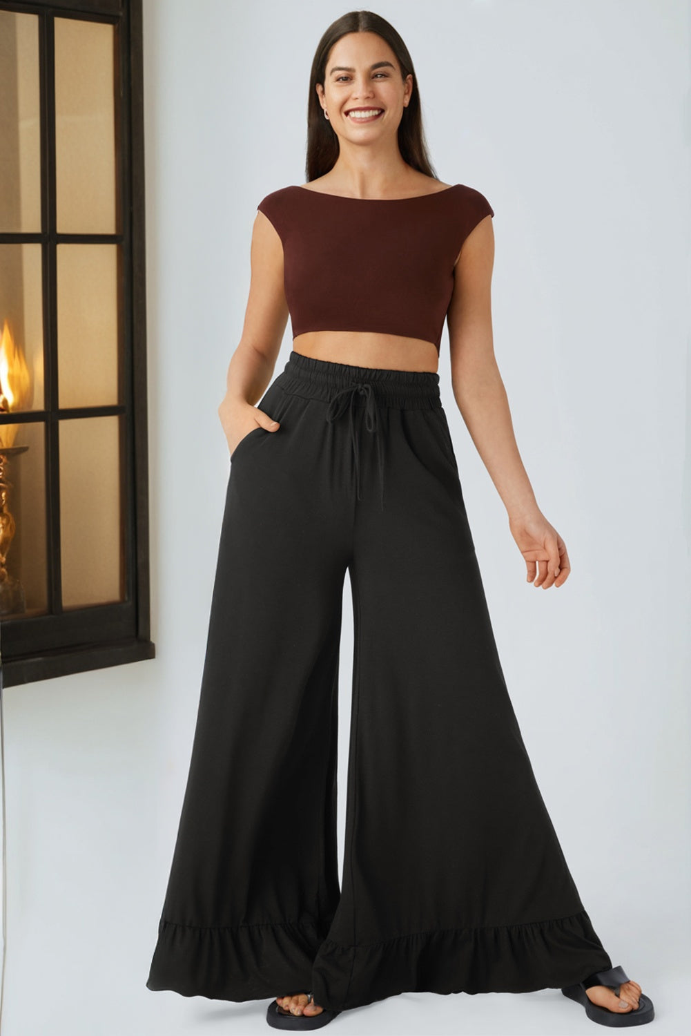 Black Ruffled Wide Leg Pull On High Waist Pants with Pockets Dear-Lover Dropshipping