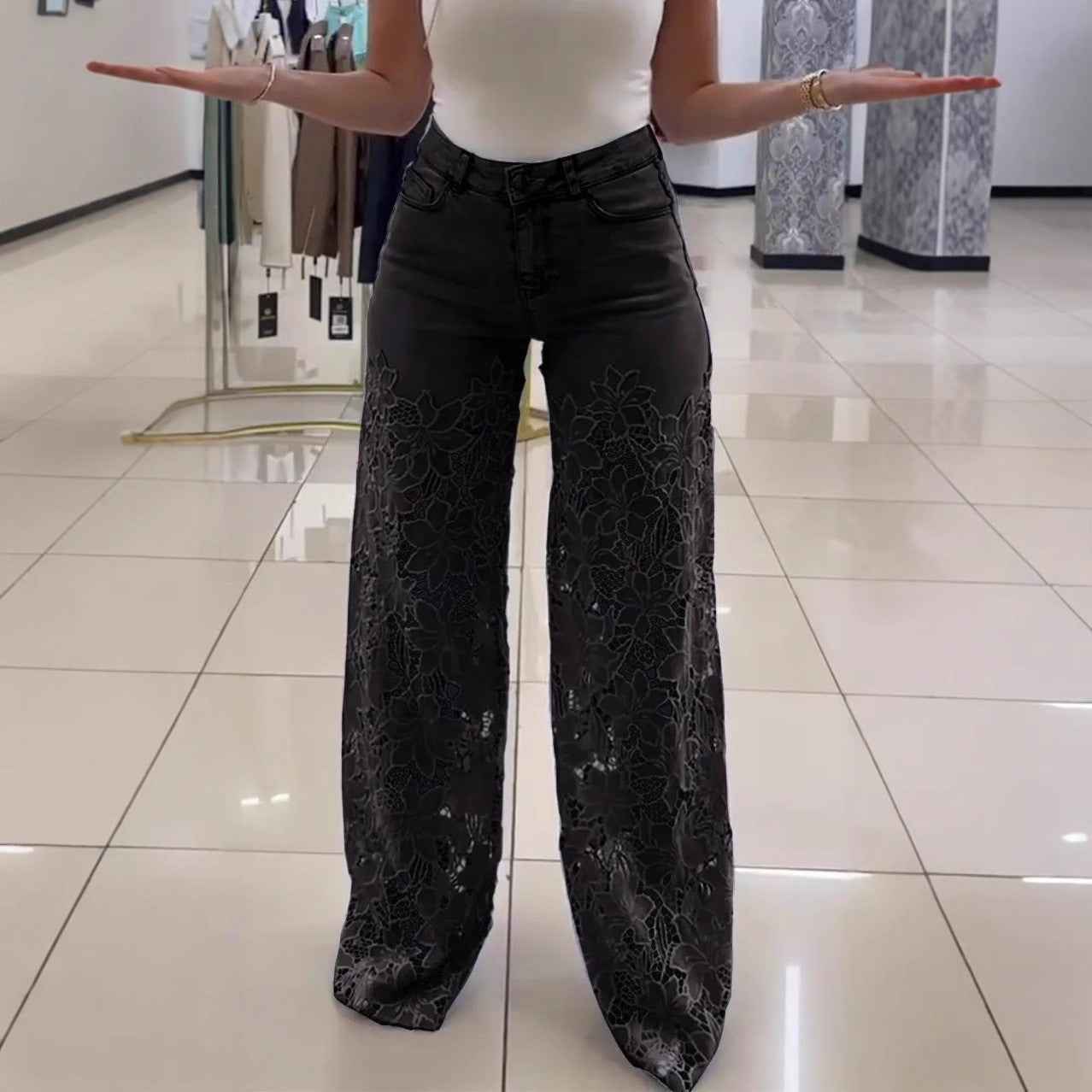 Fashionable Patchwork Denim Jeans For Women With Hollowed-Out Lace Details