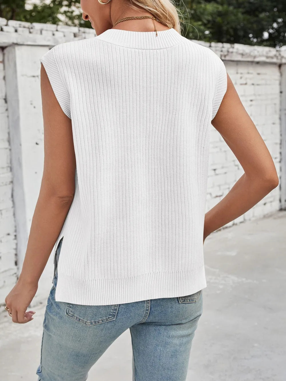 Lovelet Ribbed Slit V-Neck Sweater Vest.