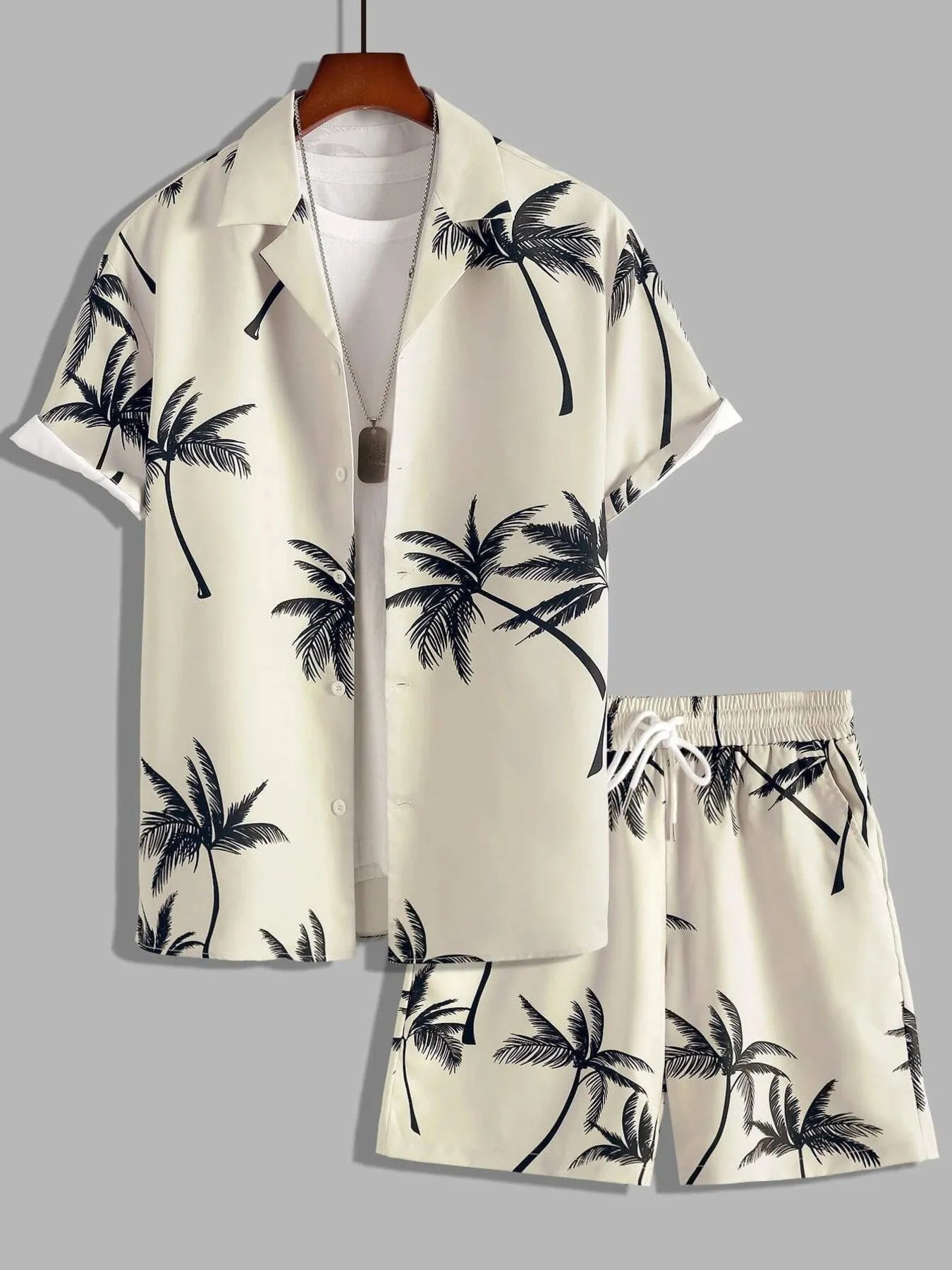Men's Full Size Palm Print Button Up Shirt and Shorts Set Plus Size.