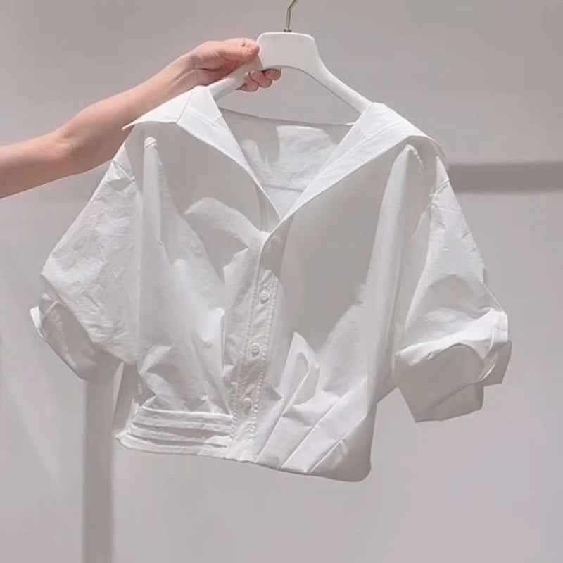 Women's Solid Color Lapel Short-sleeve Shirt
