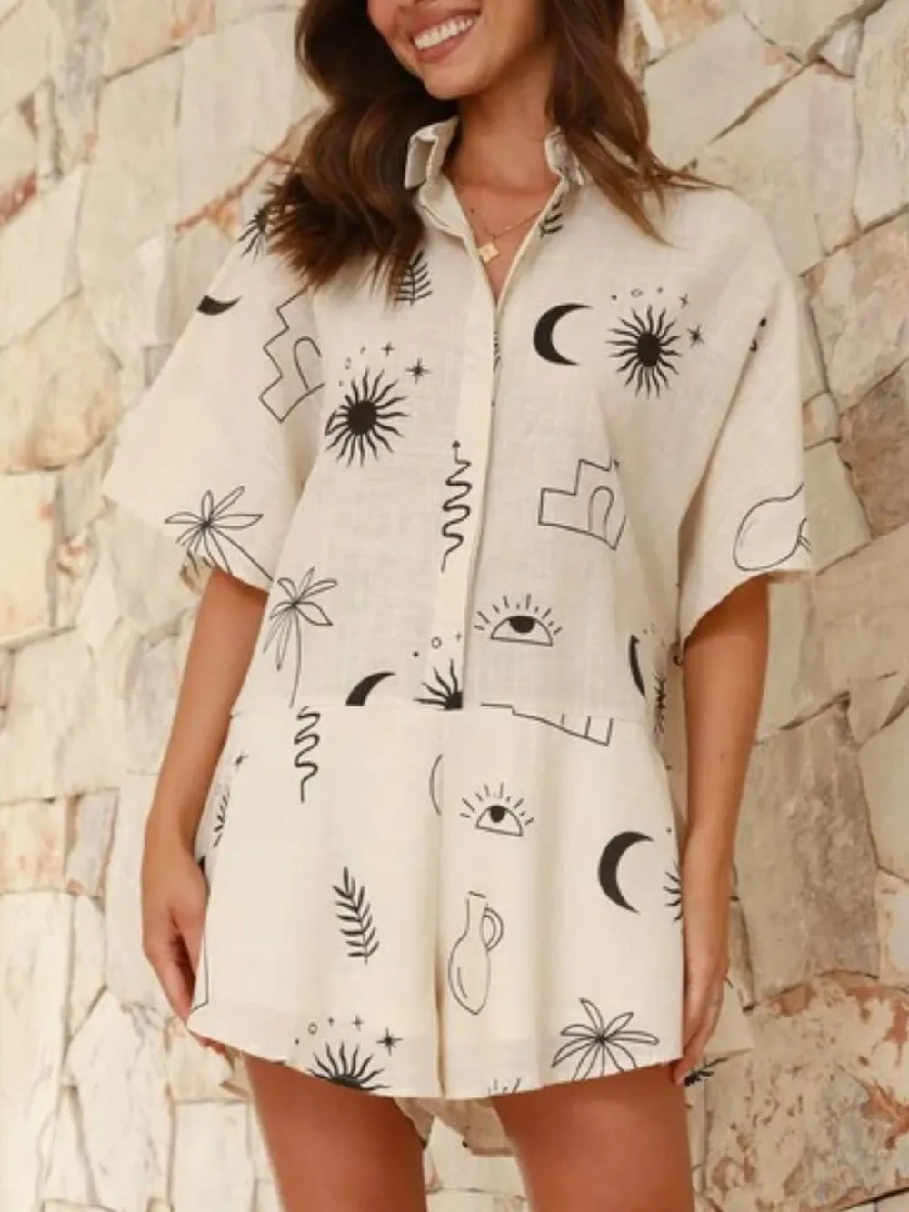 Printed Collared Neck Half Sleeve Romper.