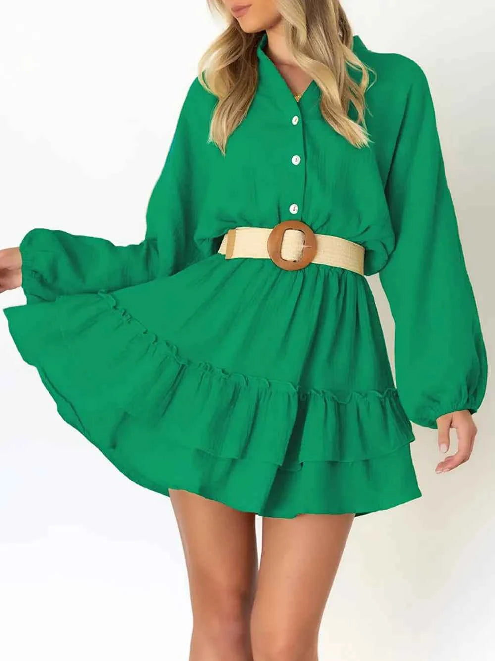 Ruffled Notched Balloon Sleeve Mini Dress.