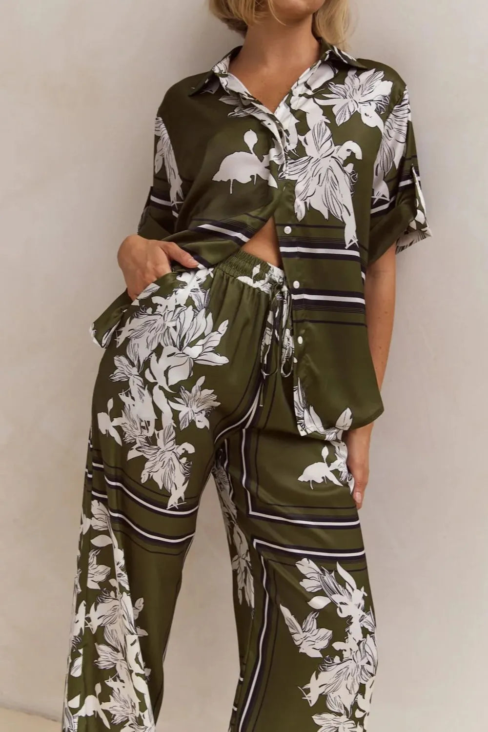 Printed Button Up Shirt and Pants Set - CHIC TB