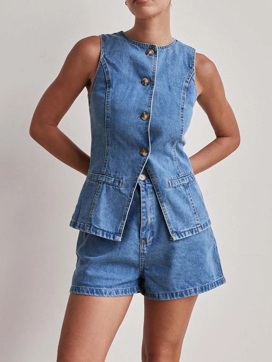 Button Down Vest and Shorts Denim Set.