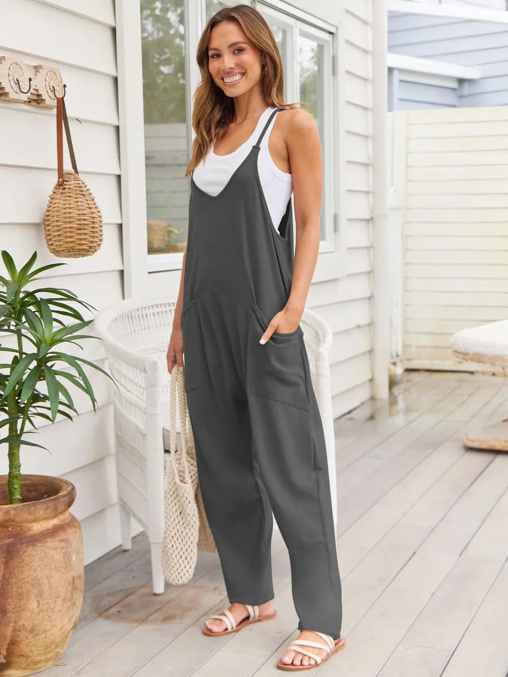 V-Neck Spaghetti Strap Jumpsuit - CHIC TB