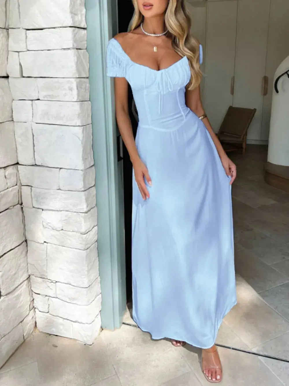 Devine Sweetheart Neck Short Sleeve Maxi Dress.
