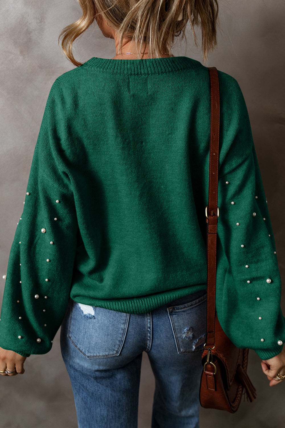 Evergreen Pearled Drop Shoulder Round Neck Sweater Dear-Lover Dropshipping