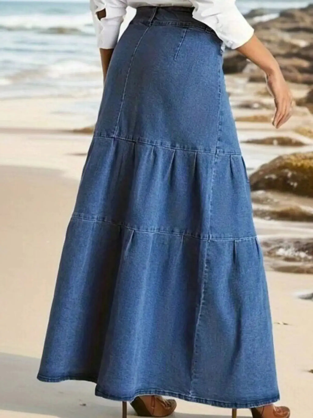 Tiered Maxi Denim Skirt with Zipper Detail.