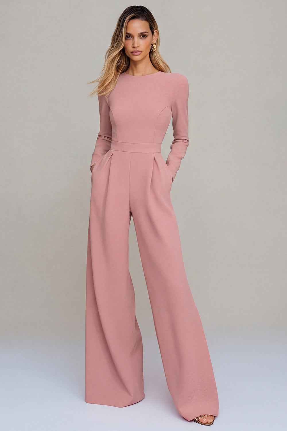 Round-neck Long-sleeved Waist-cinching Jumpsuit For A Chic Professional Look