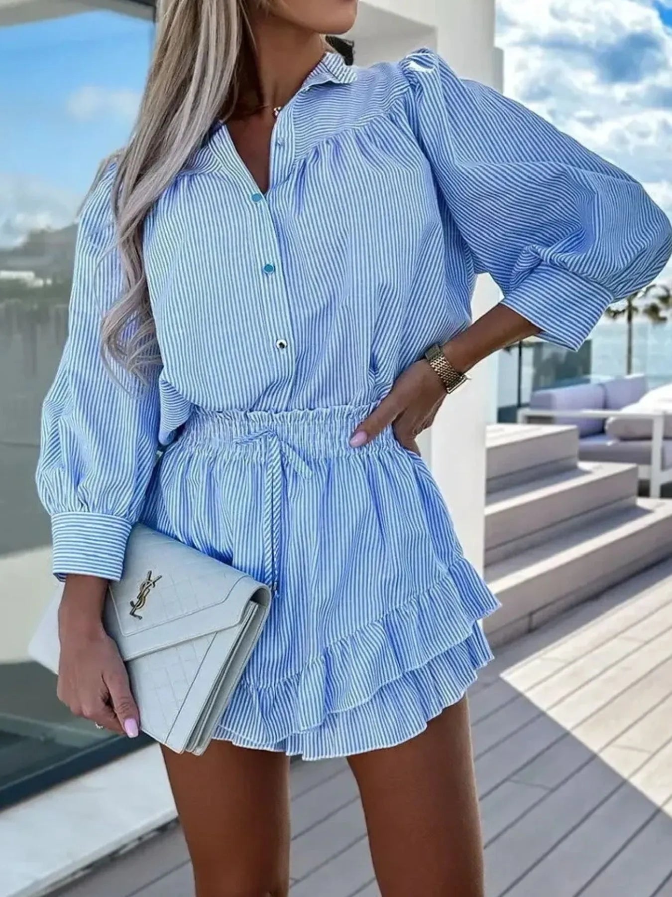 Sky blue Shirt and Skirt Set with Ruffle Details.