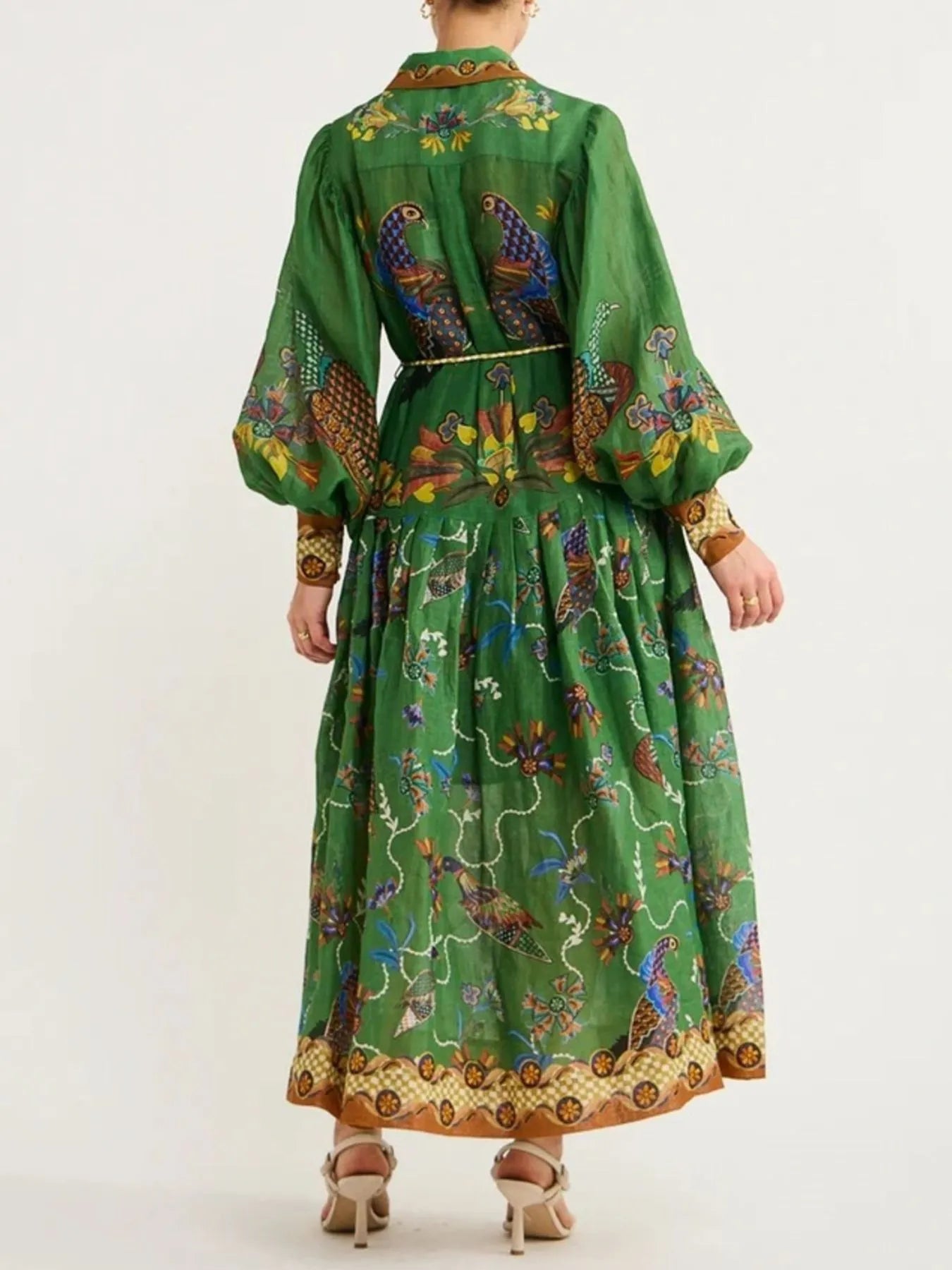 Printed Lantern Sleeve Maxi Shirt Dress.