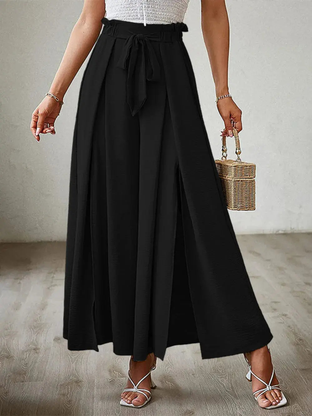 Tied Slit Wide Leg Pants.