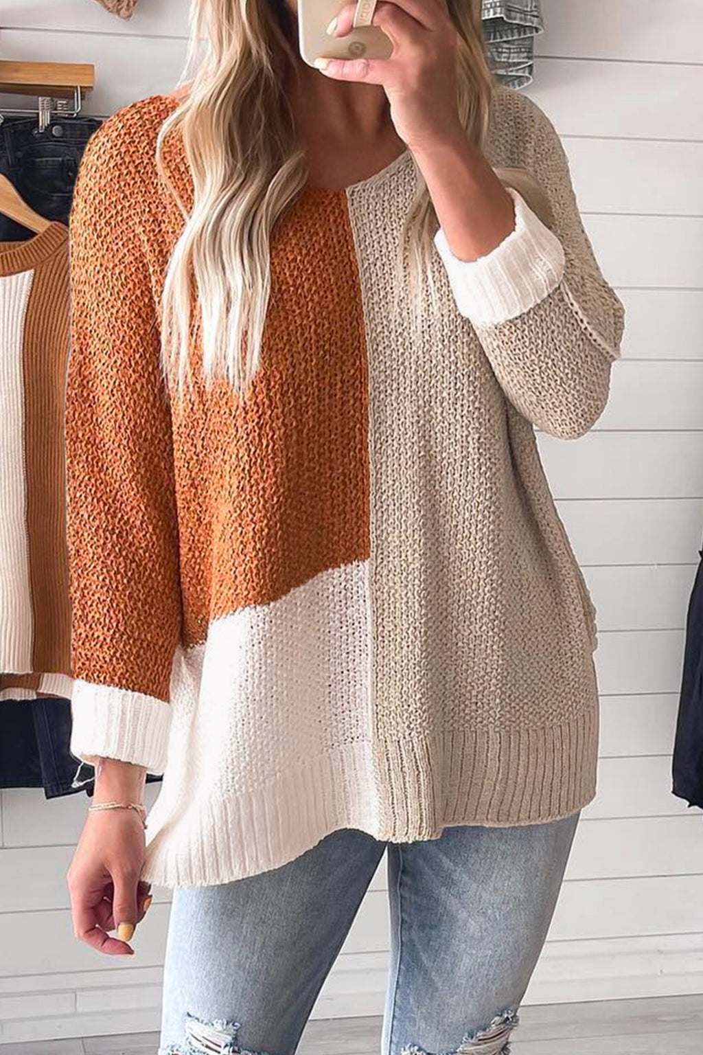 Chestnut Color Block Knit V Neck Loose Sweater