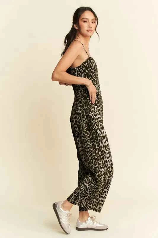 Davi & Dani Leopard Spaghetti Straps Wide Leg Jumpsuit