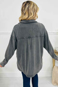 Medium Grey Mineral Wash Chest Pockets Drop Shoulder Shacket with Side Slit