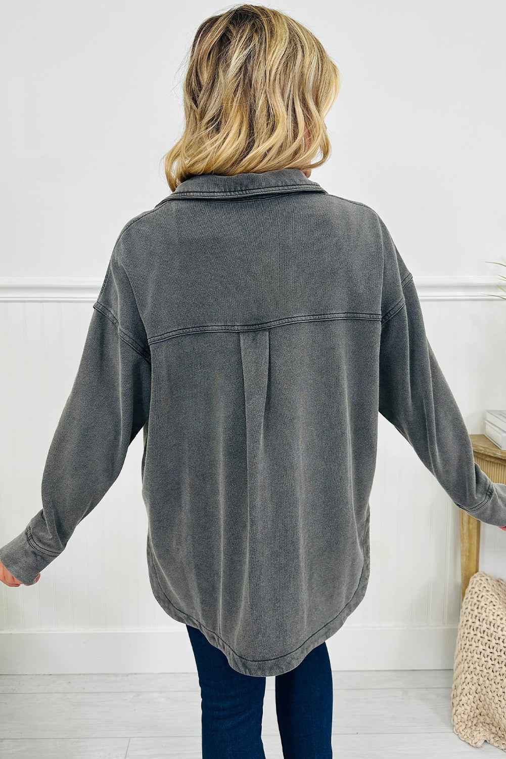 Medium Grey Mineral Wash Chest Pockets Drop Shoulder Shacket with Side Slit