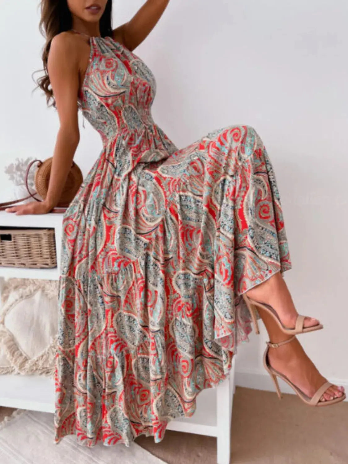 Printed Halter Neck Maxi Dress.