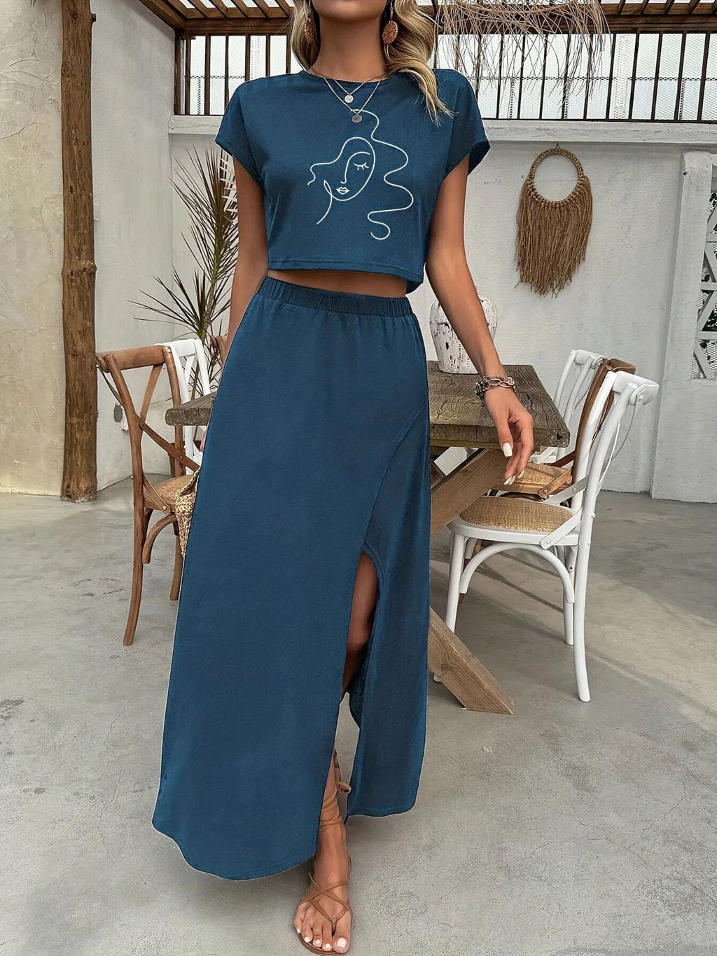 Round Neck Short Sleeve Top and Skirt Set.