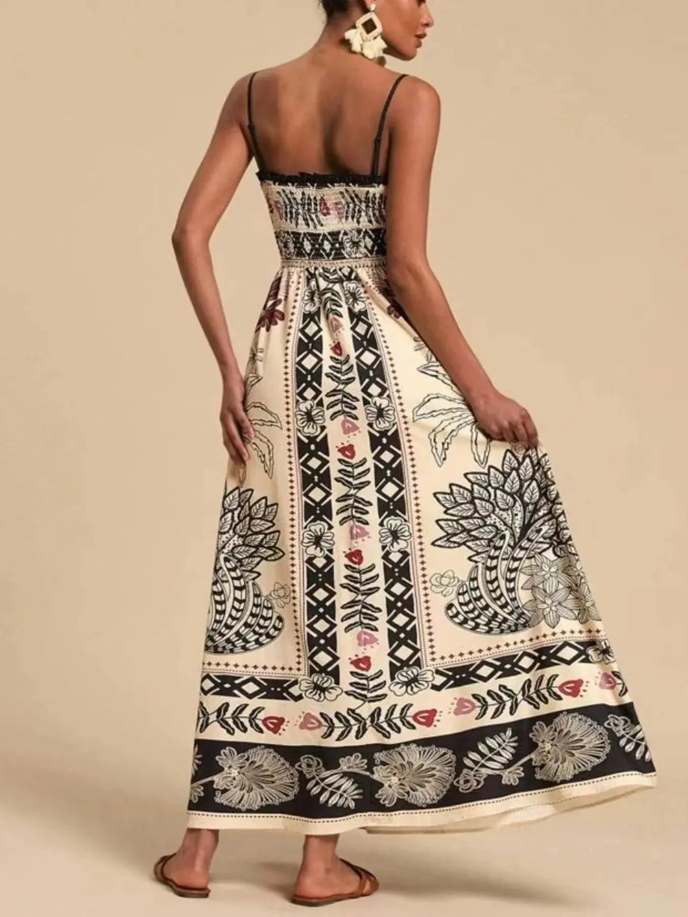 Smocked Printed Spaghetti Strap Maxi Summer Dress.