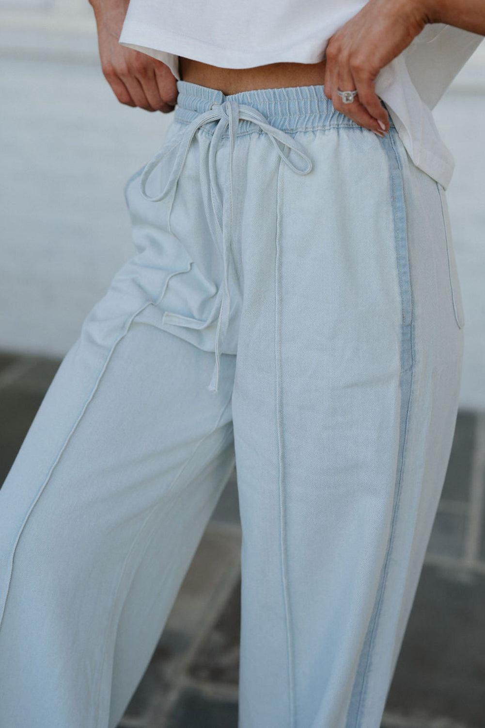Beau Blue Light Wash Contrast Trim Center Seam Drawstring Elastic Waistband Wide Leg Denim Pants Dear-Lover Dropshipping