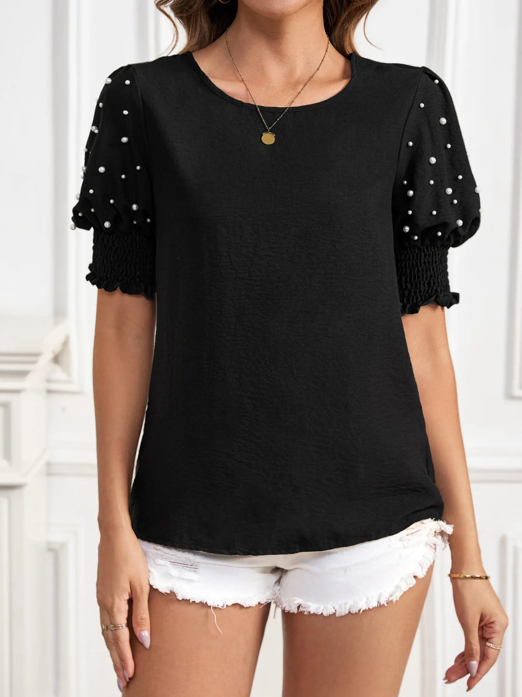 Pearl Embellished Puff Sleeve Blouse.